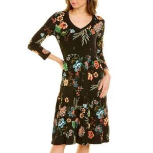 NEW Johnny Was Ardell Tiered Henley Dress Black Floral V-Neck 3/4 Sleeve Size S